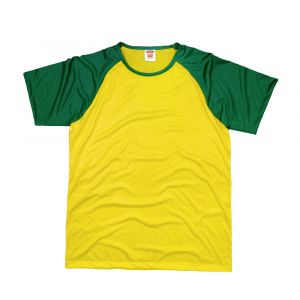 Camiseta verde e amarela raglan poliéster para sublimação